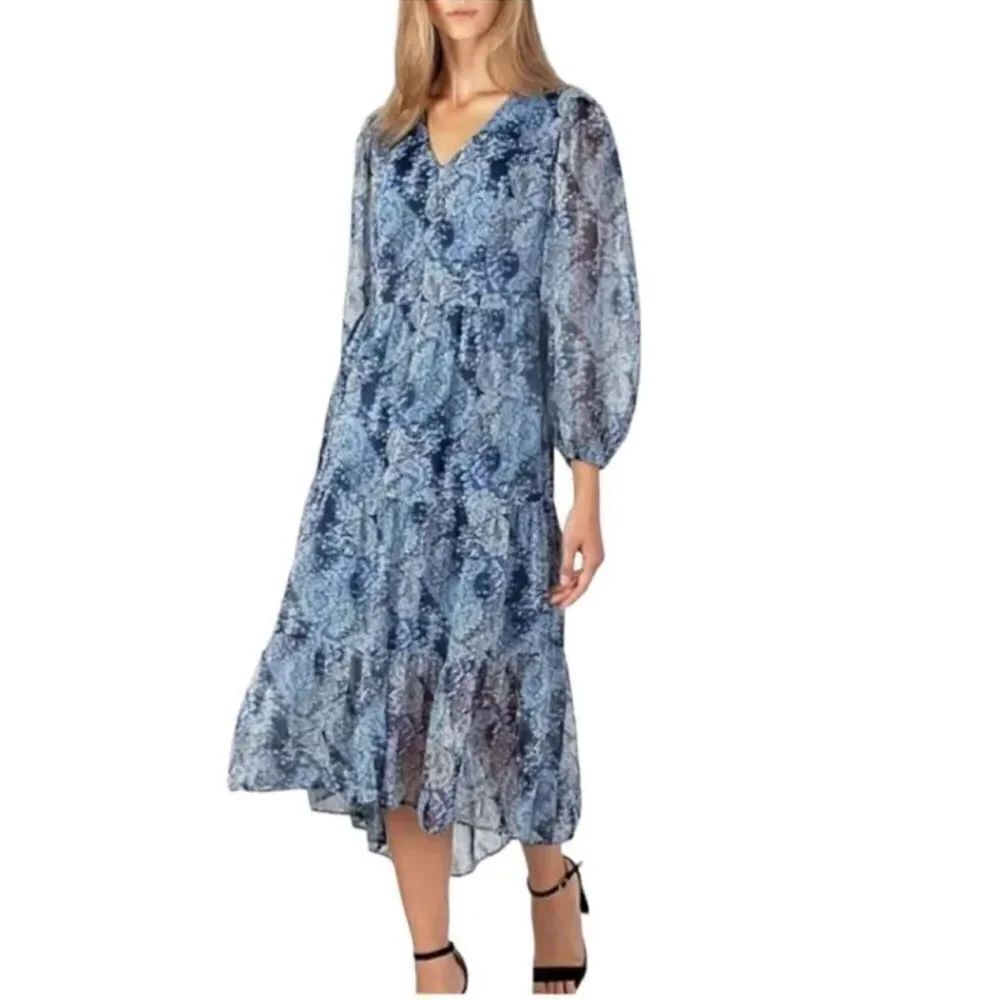 Joie XL Parisian Paisley Navy Blue Long Balloon Sleeve High Low Tiered Dress